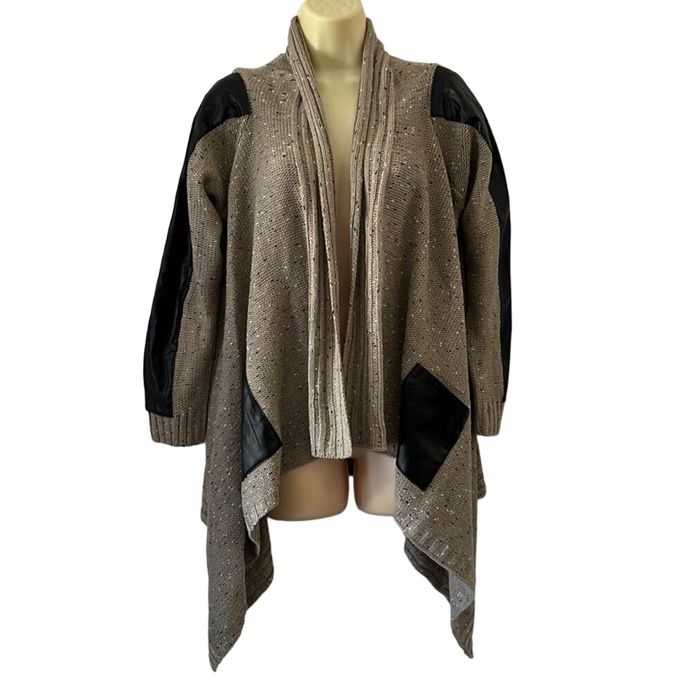 Yaira Taupe Flecked Cardigan Sweater with Black Faux Leather Accents Size Large